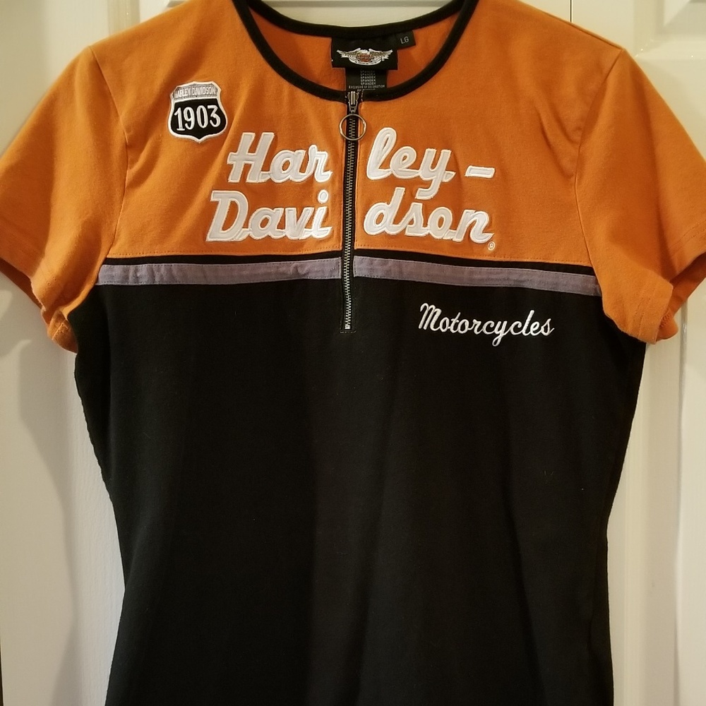 Ladies Harley Davidson Blk&OJ sz LG 1/4zip T-Shirt